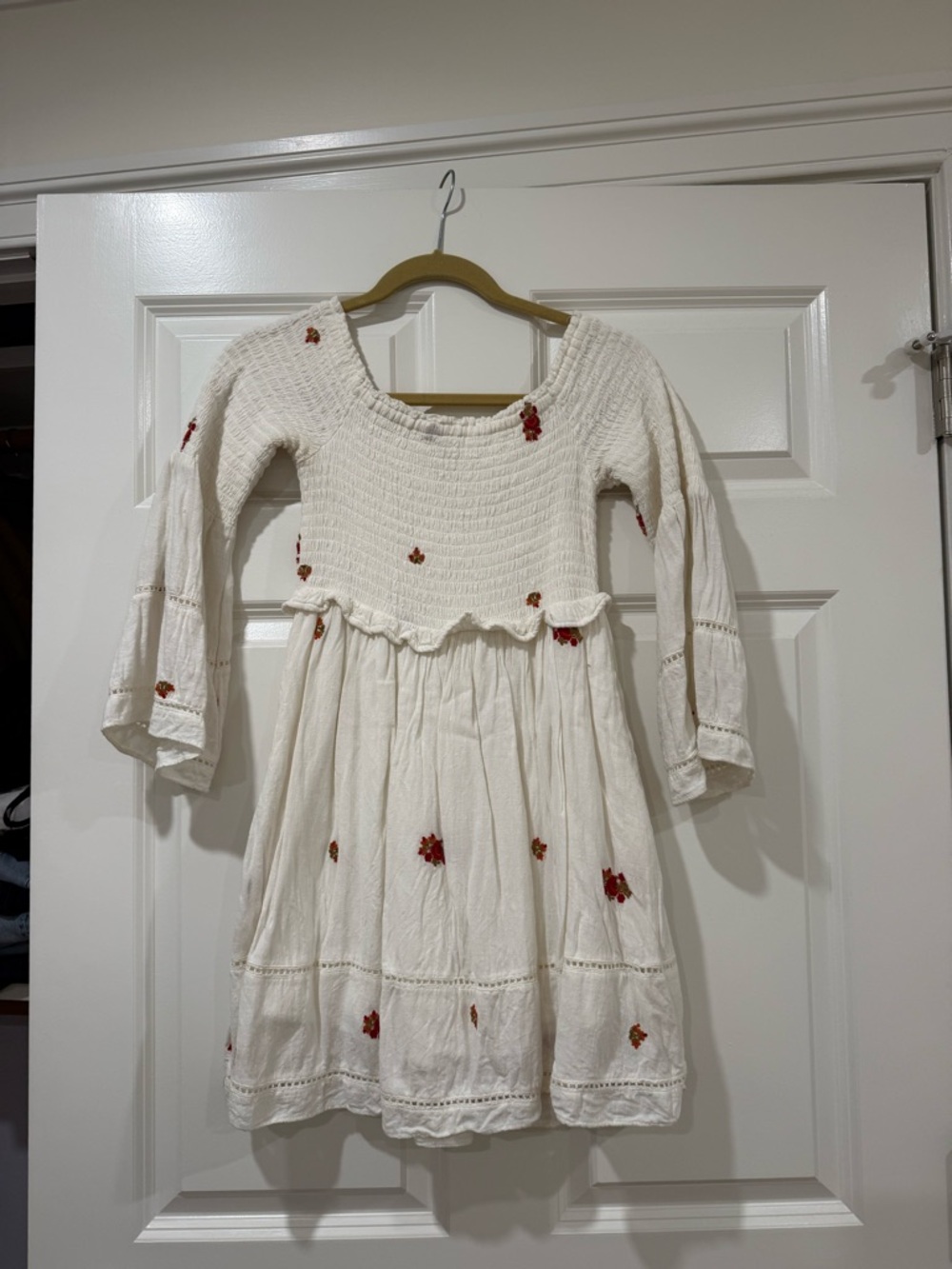 Cream Floral Embroidered Off Shoulder Bell Sleeve Dress